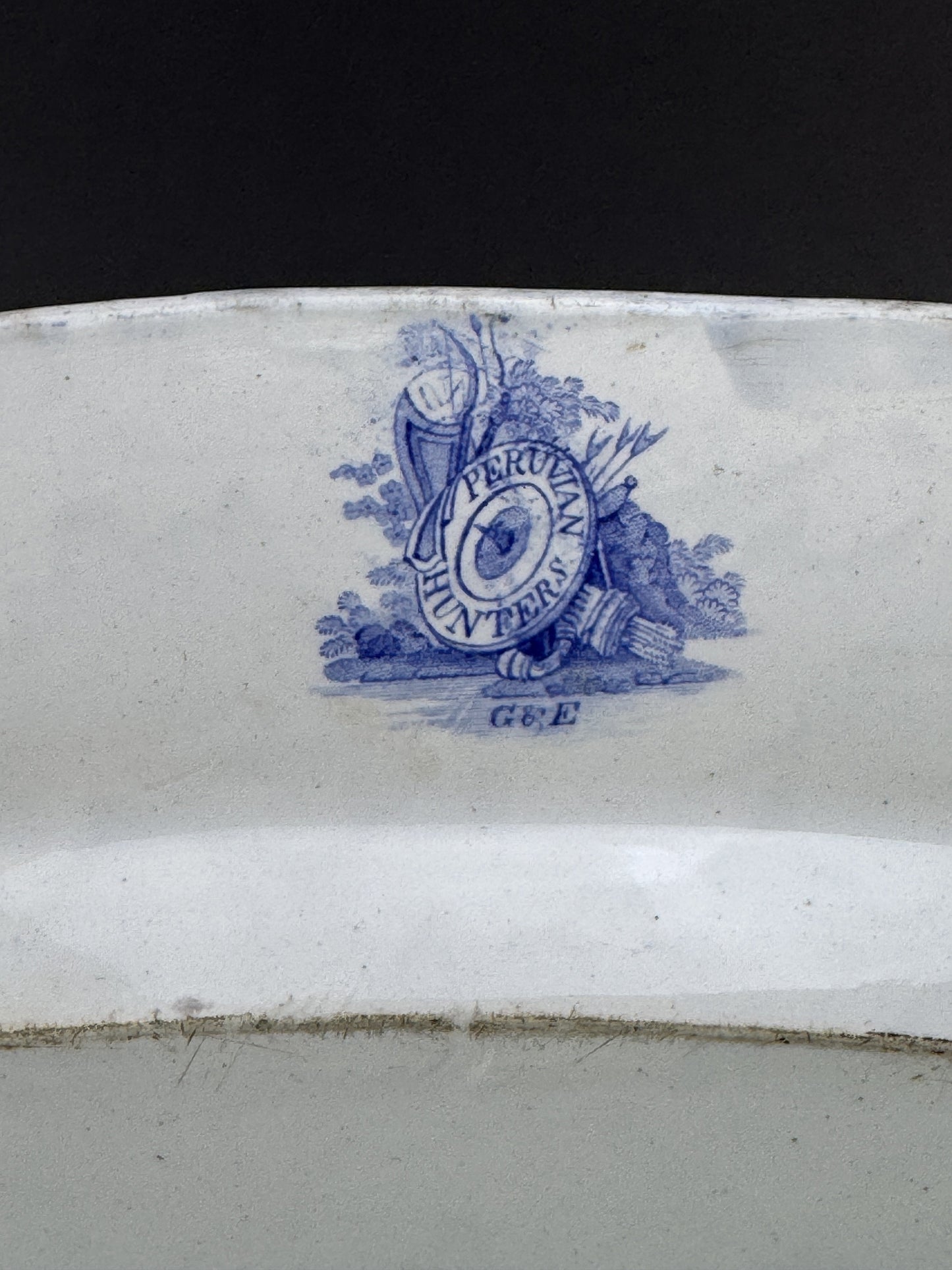 Huge c1840 English Staffordshire Peruvian Hunters Blue White Large Platter