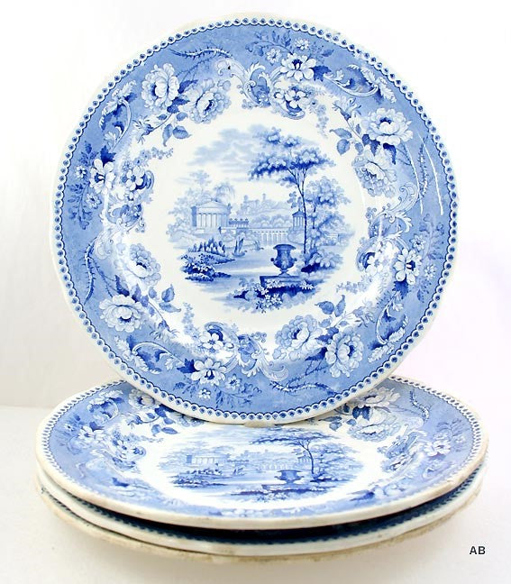 4 19th Century Antique Jacksons English Florentine Villas Dinner Plates
