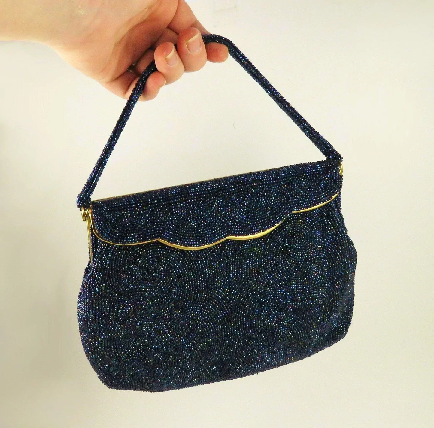 Antique/Vintage c1955 Needlepoint Galaxy Sparkling Bead Clamp Purse Handbag