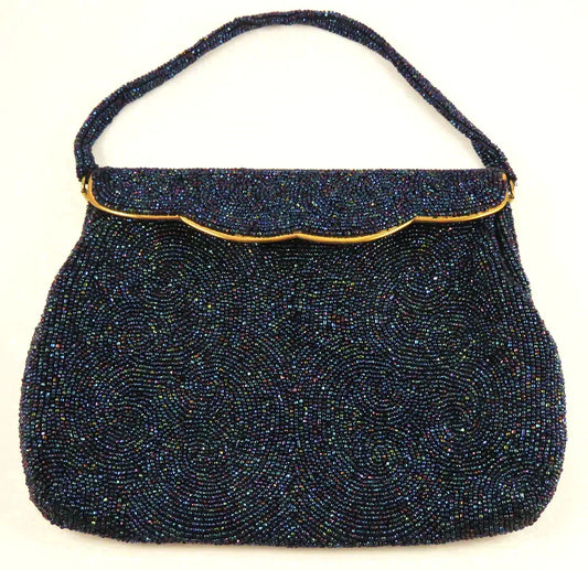 Antique/Vintage c1955 Needlepoint Galaxy Sparkling Bead Clamp Purse Handbag