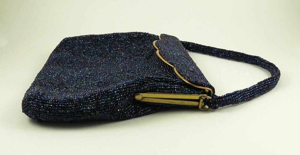 Antique/Vintage c1955 Needlepoint Galaxy Sparkling Bead Clamp Purse Handbag