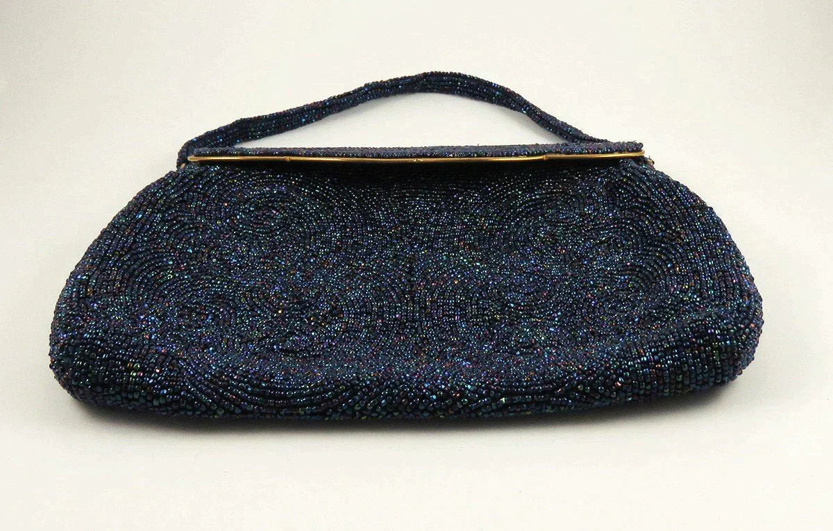 Antique/Vintage c1955 Needlepoint Galaxy Sparkling Bead Clamp Purse Handbag