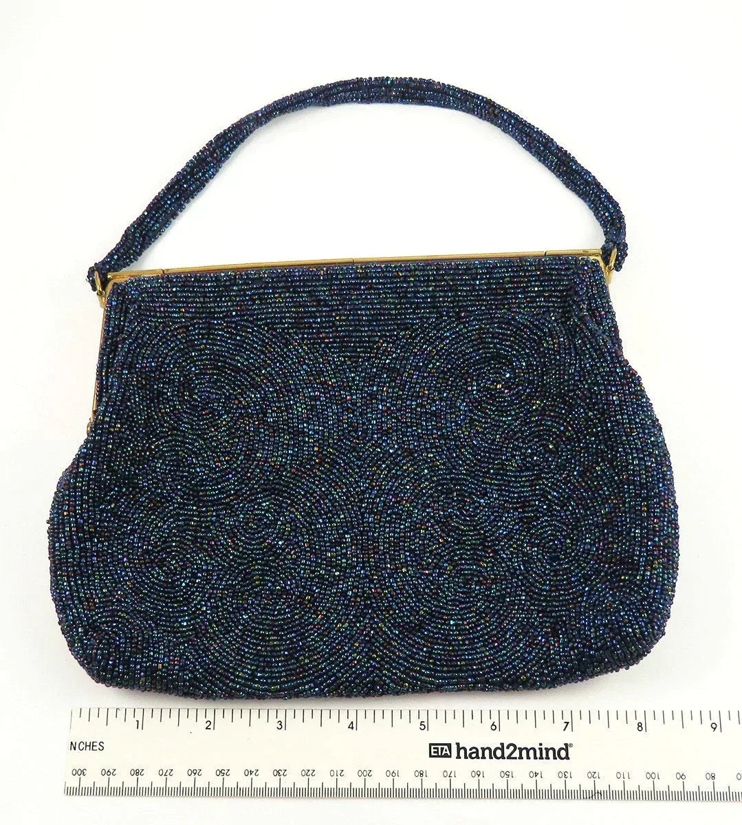 Antique/Vintage c1955 Needlepoint Galaxy Sparkling Bead Clamp Purse Handbag