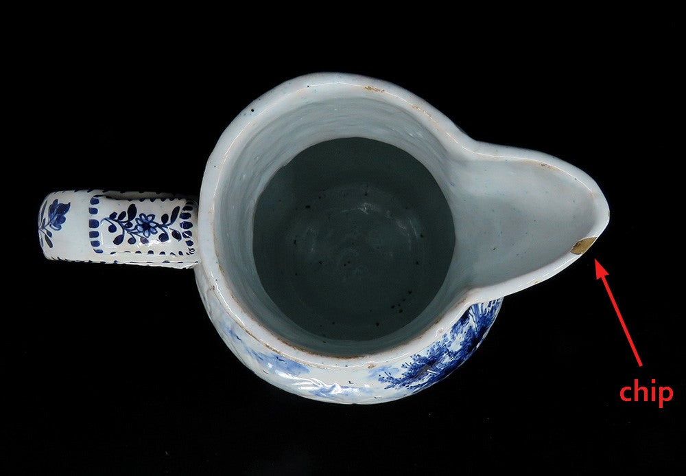 Fine Old 1700s Delft Faience Blue White Scenic Mask Jug Pitcher
