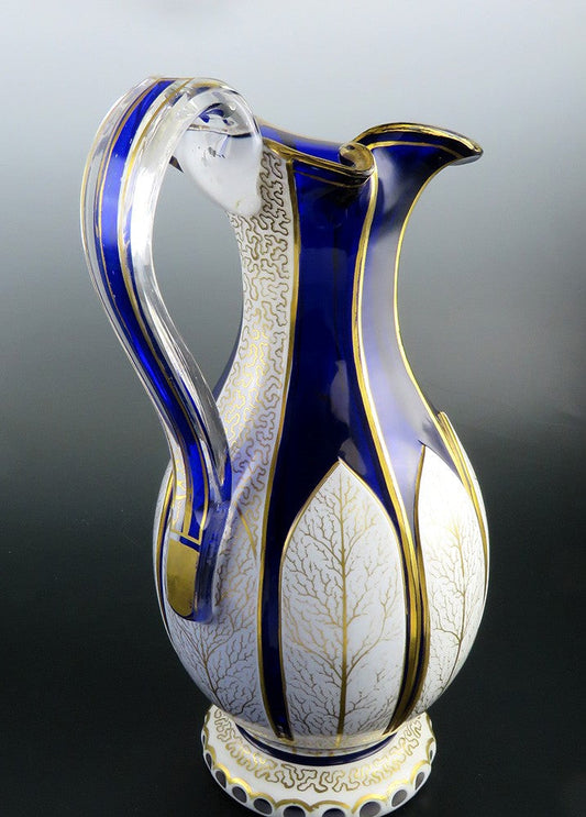 Antique Bohemian Cased Glass Gilded White on Cobalt Blue Pitcher Ewer