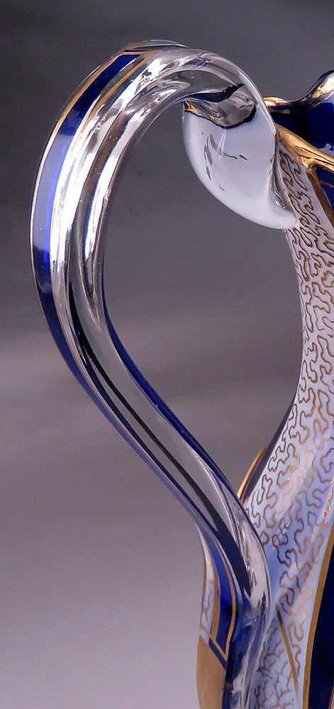 Antique Bohemian Cased Glass Gilded White on Cobalt Blue Pitcher Ewer