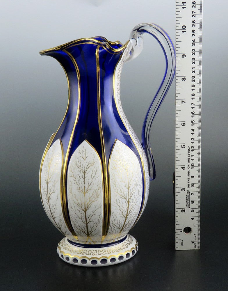 Antique Bohemian Cased Glass Gilded White on Cobalt Blue Pitcher Ewer