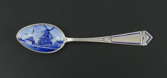 German Silver Blue Enamel Delft Dutch Windmill Novelty Souvenir Spoon
