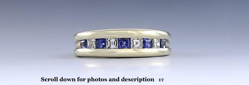 Brilliant 14k Yellow Gold Diamond Blue Sapphire Square Cut Anniversary Band Ring