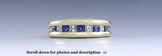Brilliant 14k Yellow Gold Diamond Blue Sapphire Square Cut Anniversary Band Ring