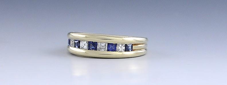 Brilliant 14k Yellow Gold Diamond Blue Sapphire Square Cut Anniversary Band Ring