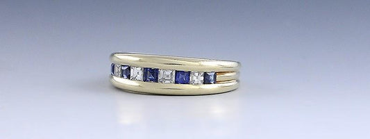 Brilliant 14k Yellow Gold Diamond Blue Sapphire Square Cut Anniversary Band Ring