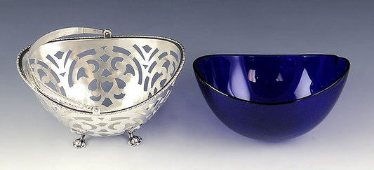 Antique c1900 American Sterling Silver Cobalt Glass Liner Pierced Basket