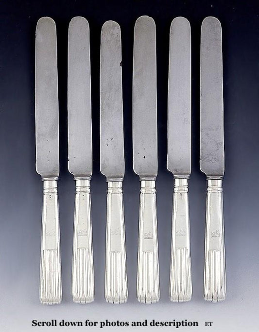 Set 6 Antique English Victorian/Georgian Sterling Silver Handle Dinner Knives