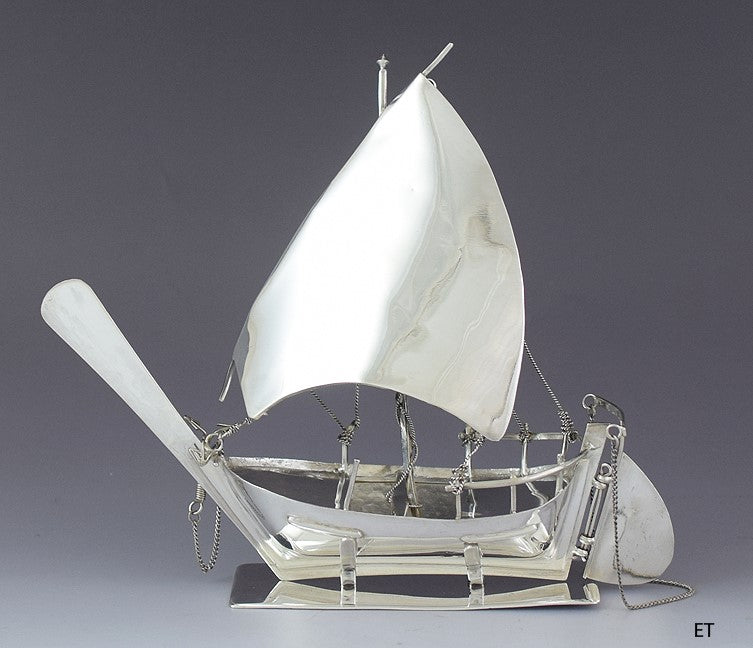 Antique Sterling Silver Model Sailing Ship Boat w/ Moving Rudder Anchor
