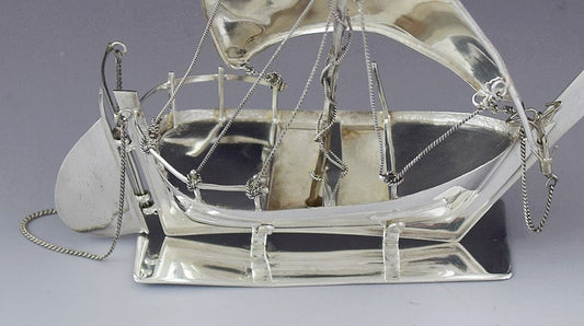 Antique Sterling Silver Model Sailing Ship Boat w/ Moving Rudder Anchor