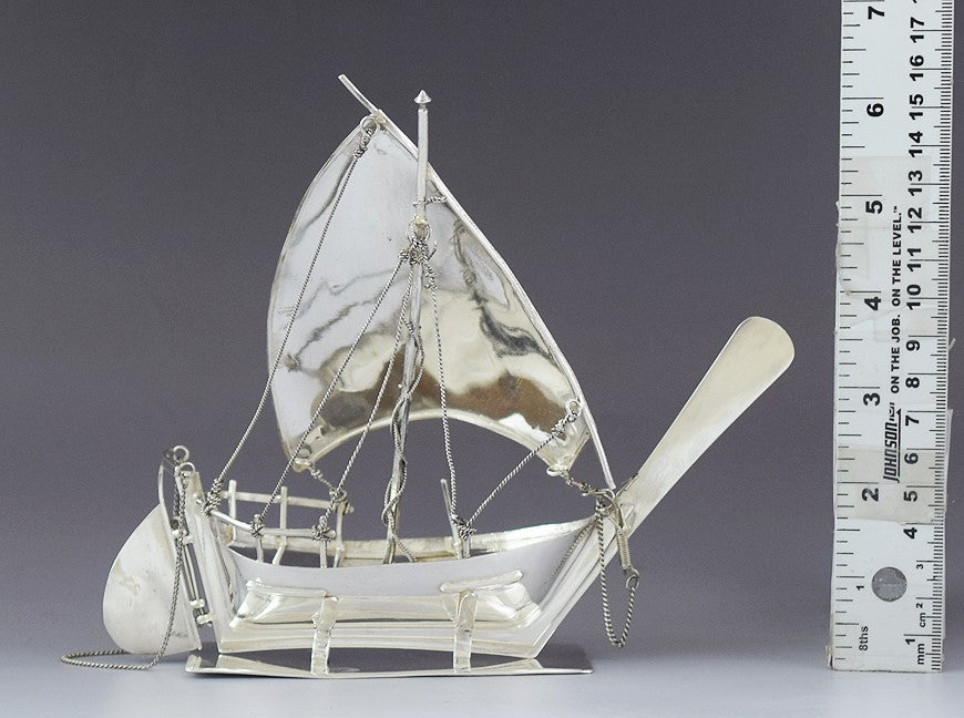 Antique Sterling Silver Model Sailing Ship Boat w/ Moving Rudder Anchor