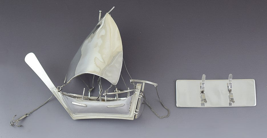 Antique Sterling Silver Model Sailing Ship Boat w/ Moving Rudder Anchor