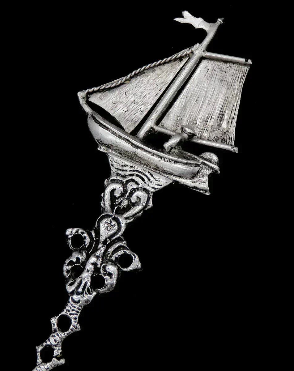 Antique Dutch Colonial Silver Sailboat Crest Bowl Serving Spoon