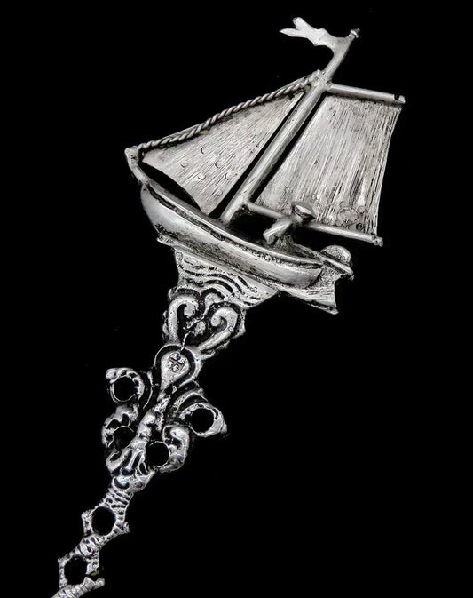 Antique Dutch Colonial Silver Sailboat Crest Bowl Serving Spoon