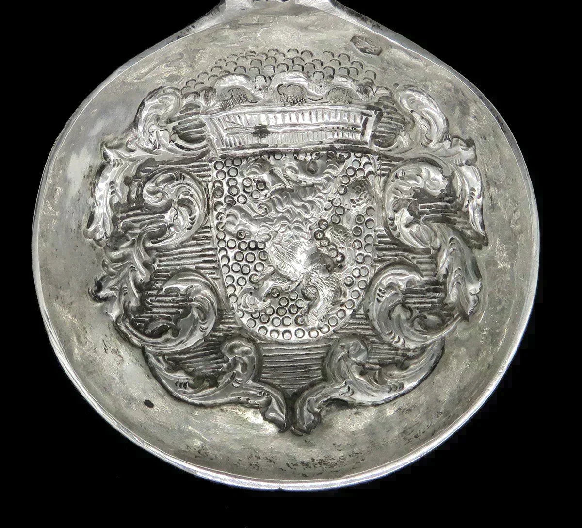 Antique Dutch Colonial Silver Sailboat Crest Bowl Serving Spoon