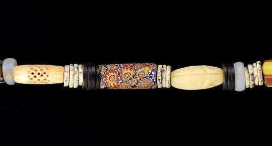 Late 1800s Italian Millefiori Style African Trade Bead and Carved Bead Necklace