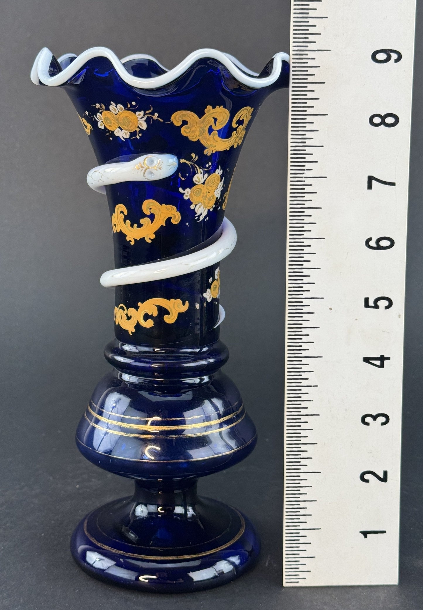 Fine Quality Cobalt and White Glass Snake Vase Circa 1860s
