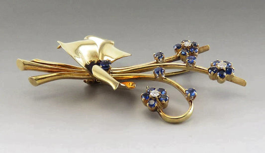 Vintage 14K Yellow Gold Diamond Sapphire Gemstone Flower Bouquet Pin/Brooch