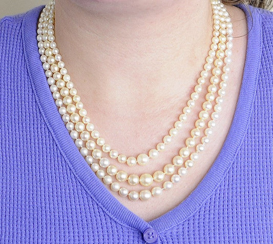 Classic Triple Strand Graduated Pearl Necklace 4.5-9.5mm 14K Gold Diamond Clasp