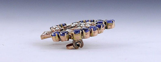 c1910 Elegant Indian Sapphire Pearl 14k Gold Peacock Fan Pin / Brooch