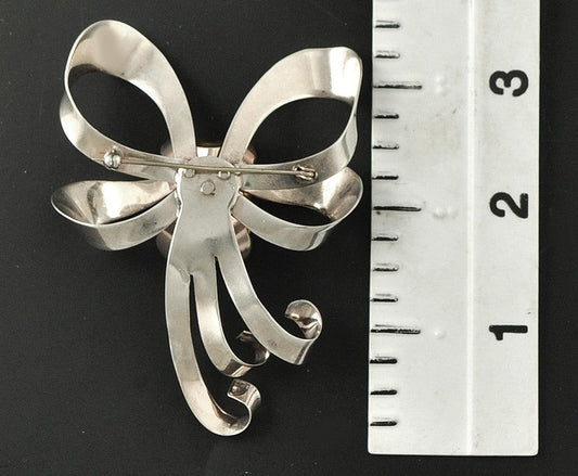 Great Sterling Silver and Orange Glass Stone Bow Shaped Pin/Brooch