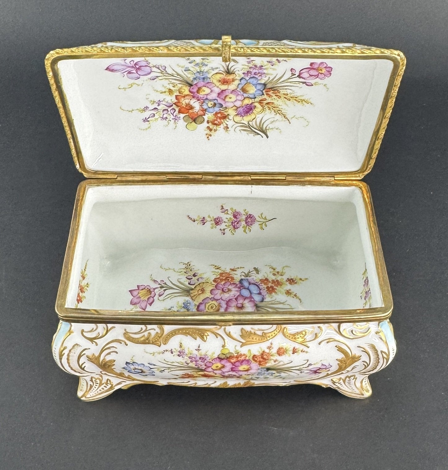 Ornate Handpainted c1900 European Porcelain Jewelry Dresser Box w Courting Scene