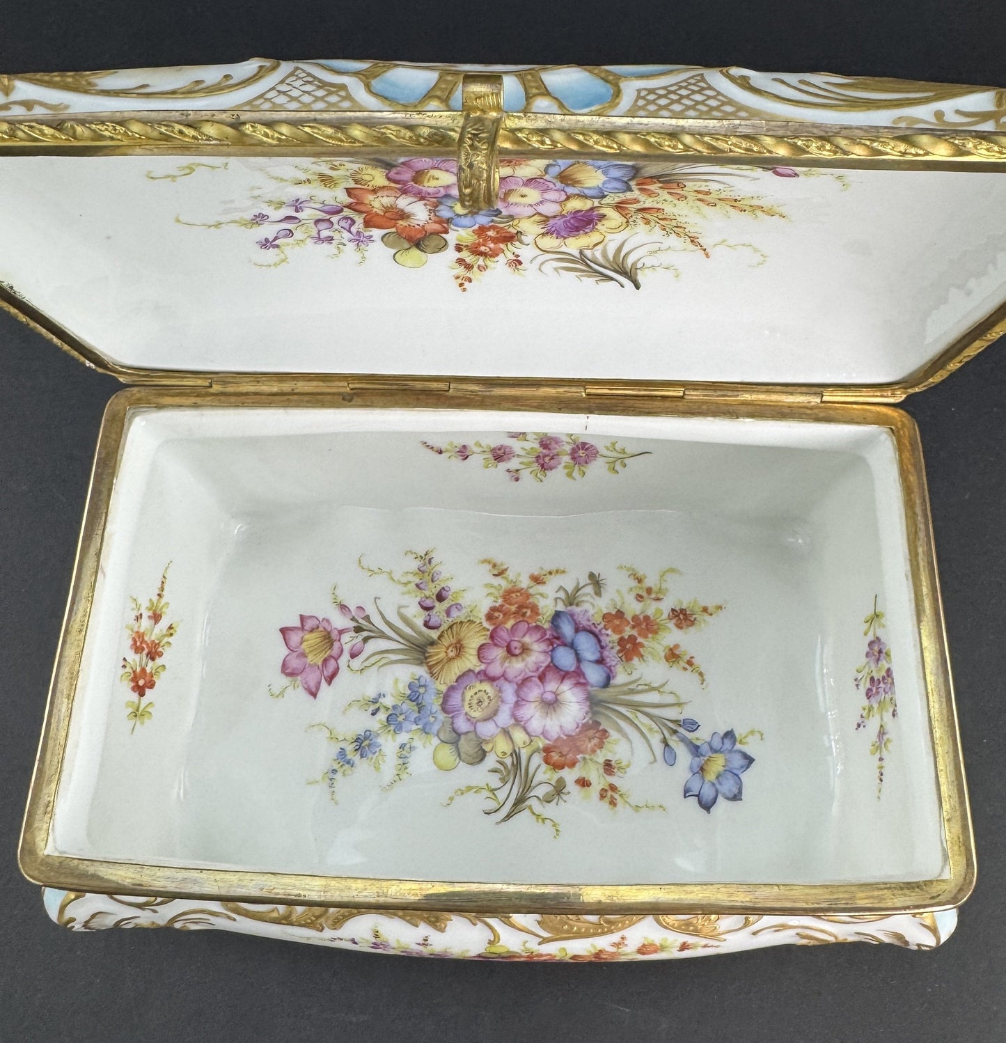 Ornate Handpainted c1900 European Porcelain Jewelry Dresser Box w Courting Scene