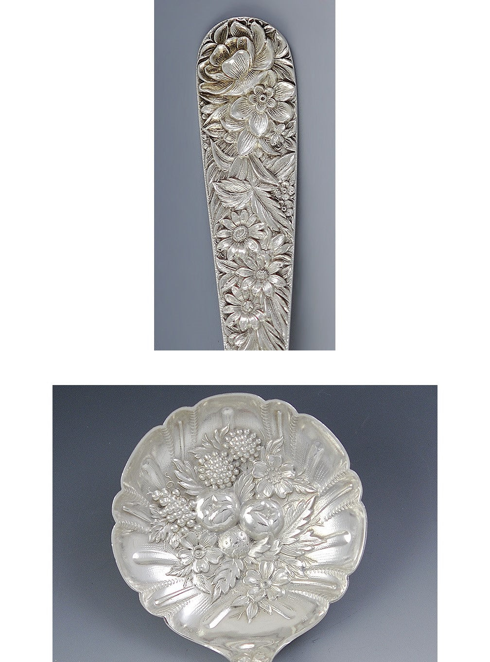 Antique Sterling Silver Kirk Repousse Flower Berry Casserole Serving Spoon 9.25"