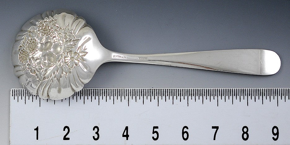 Antique Sterling Silver Kirk Repousse Flower Berry Casserole Serving Spoon 9.25"