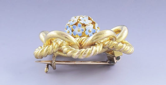 Superb late 1800s Victorian 14k Gold & Enamel Forget-Me-Not Knot Pin / Brooch