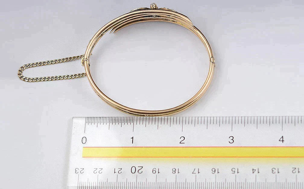 Vintage 10k Yellow Gold Bangle Bracelet w/ Crescent Moons and Accent Pearls