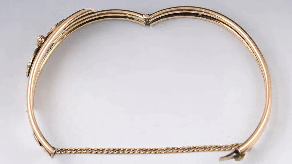 Vintage 10k Yellow Gold Bangle Bracelet w/ Crescent Moons and Accent Pearls