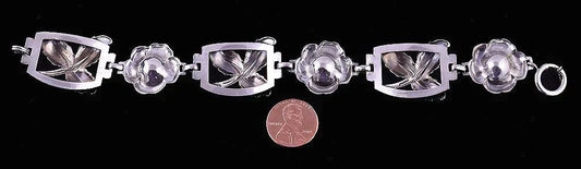 Lovely Vintage 1950s-60s Sterling Silver Roses and Leaves Link Bracelet, America