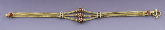 Gorgeous High Karat 23k Yellow Gold Red Blue Enamel Triple Strand Chain Bracelet