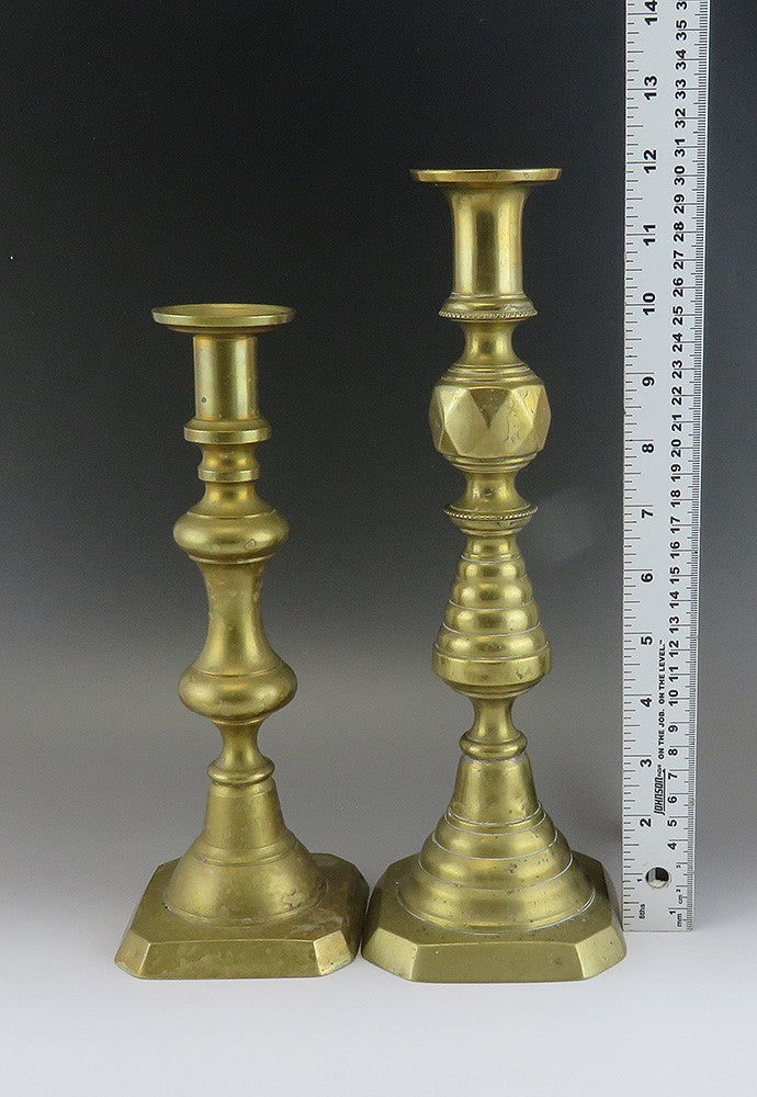 Great Group 5 Antique Victorian Brass Candlestick Holders Varying Heights