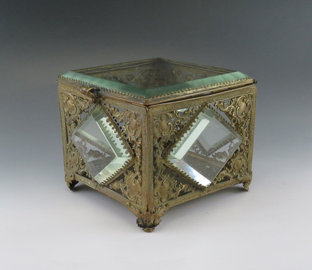 Gorgeous Antique Brass Scrollwork and Beveled Glass Trinket Dresser Jewelry Box