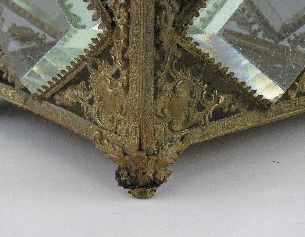 Gorgeous Antique Brass Scrollwork and Beveled Glass Trinket Dresser Jewelry Box