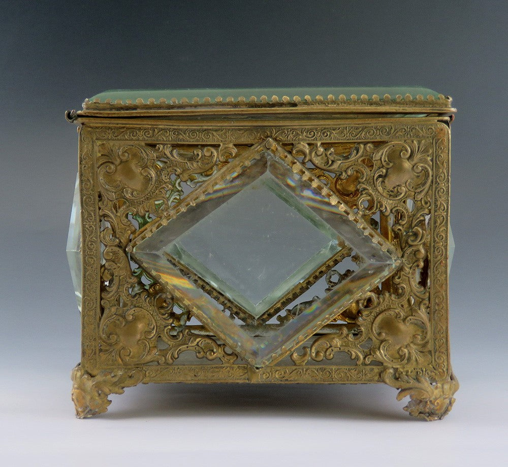 Gorgeous Antique Brass Scrollwork and Beveled Glass Trinket Dresser Jewelry Box