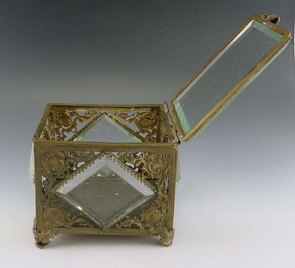 Gorgeous Antique Brass Scrollwork and Beveled Glass Trinket Dresser Jewelry Box