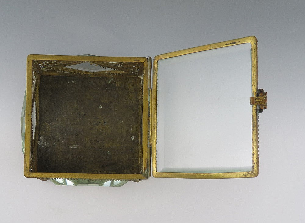 Gorgeous Antique Brass Scrollwork and Beveled Glass Trinket Dresser Jewelry Box
