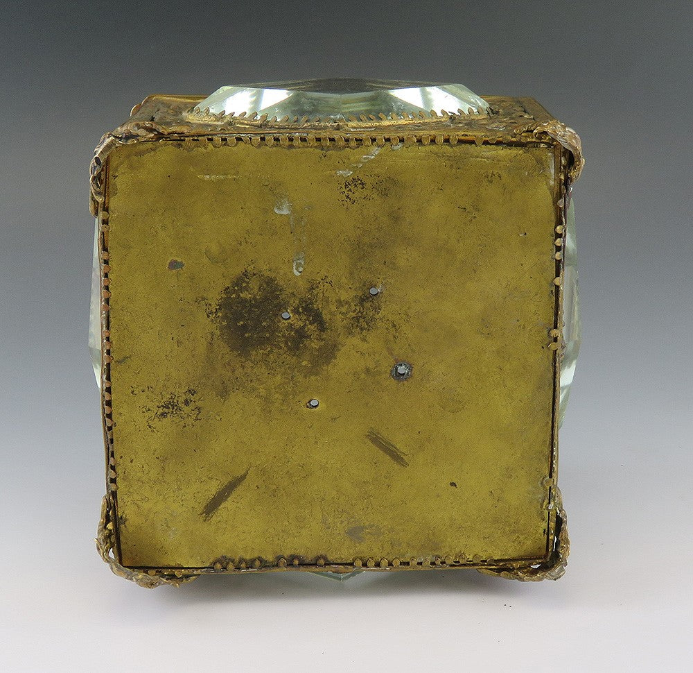 Gorgeous Antique Brass Scrollwork and Beveled Glass Trinket Dresser Jewelry Box