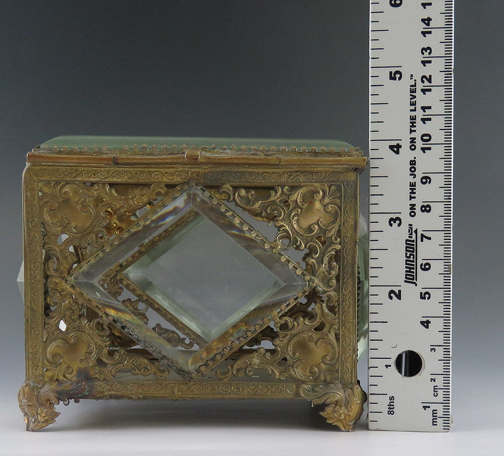 Gorgeous Antique Brass Scrollwork and Beveled Glass Trinket Dresser Jewelry Box