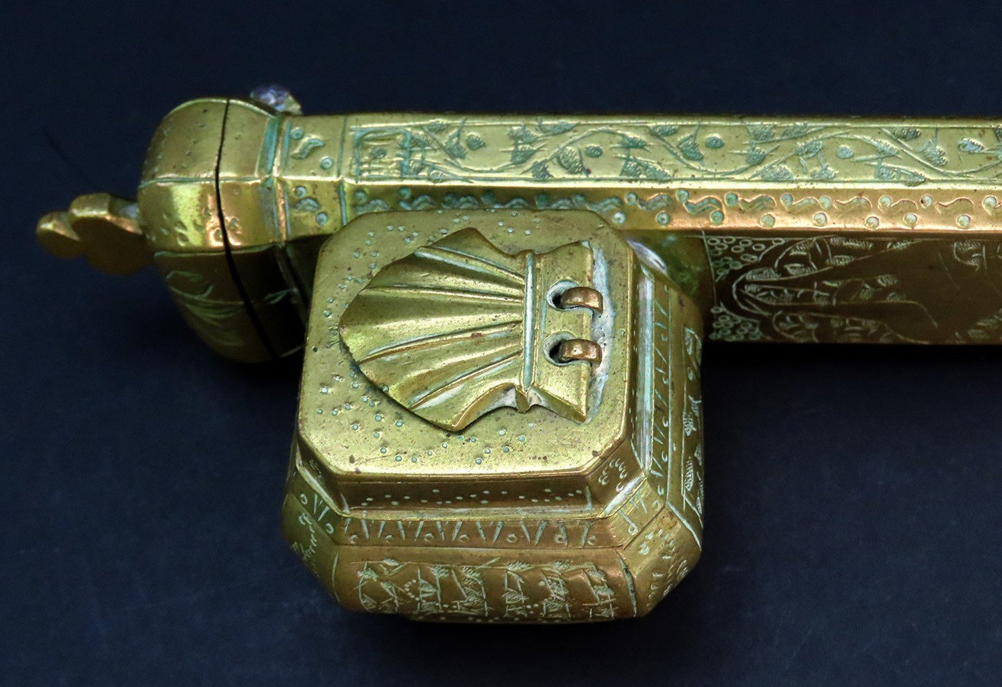 Ottoman Empire Turkish Antique Traveling Scribe Brass Box Quill Pen Inkwell Case