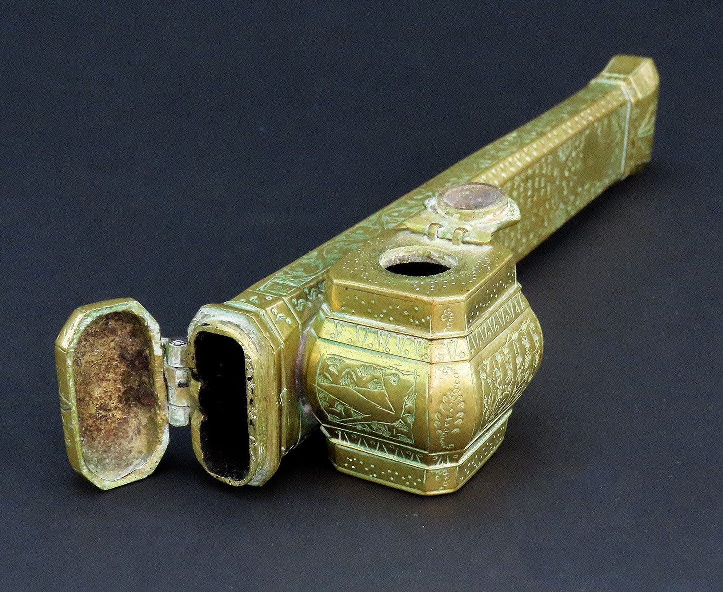 Ottoman Empire Turkish Antique Traveling Scribe Brass Box Quill Pen Inkwell Case